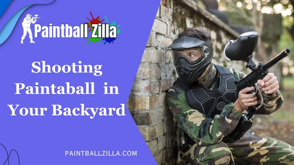 A player in a vibrant backyard paintball game, taking cover behind a barrier during an exciting match.