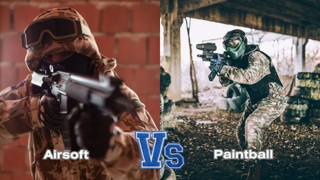 The image shows a side-by-side comparison of a Paintball and Airsoft match in progress.
